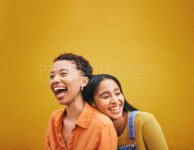 Buy stock photo Happy, friends and space with women on wall background for teenager, youth and smile. Relax, happiness and gen z with face of young girls laughing in city for social, fashion and mockup together