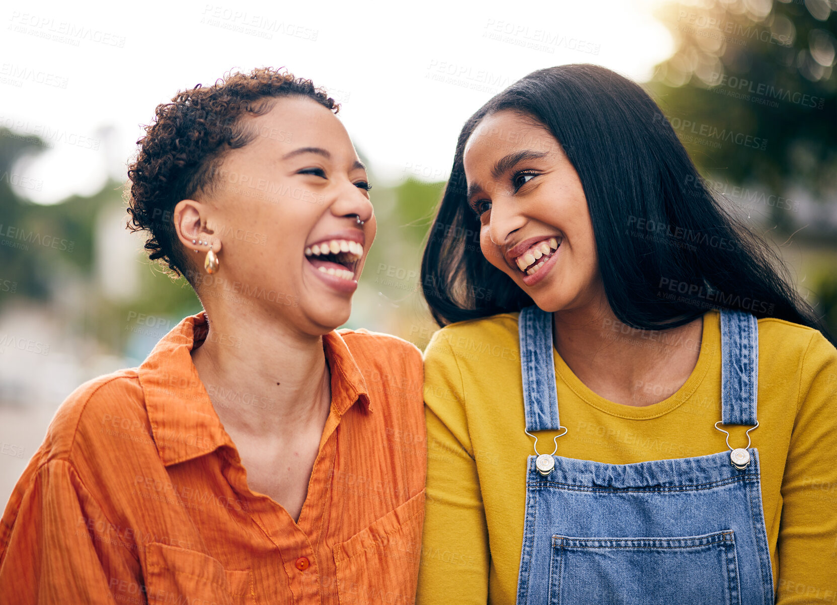 Buy stock photo Happy, garden and girl friends in park with laugh and funny joke with bonding and gossip outdoor. Gen z, young people and smile with friendship, freedom and holiday with joy on student vacation