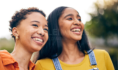 Buy stock photo Happy, women smile and girl friends in park with laugh and funny joke with bonding and gossip outdoor. Gen z, young people and smile with female friendship, freedom and holiday with joy on vacation