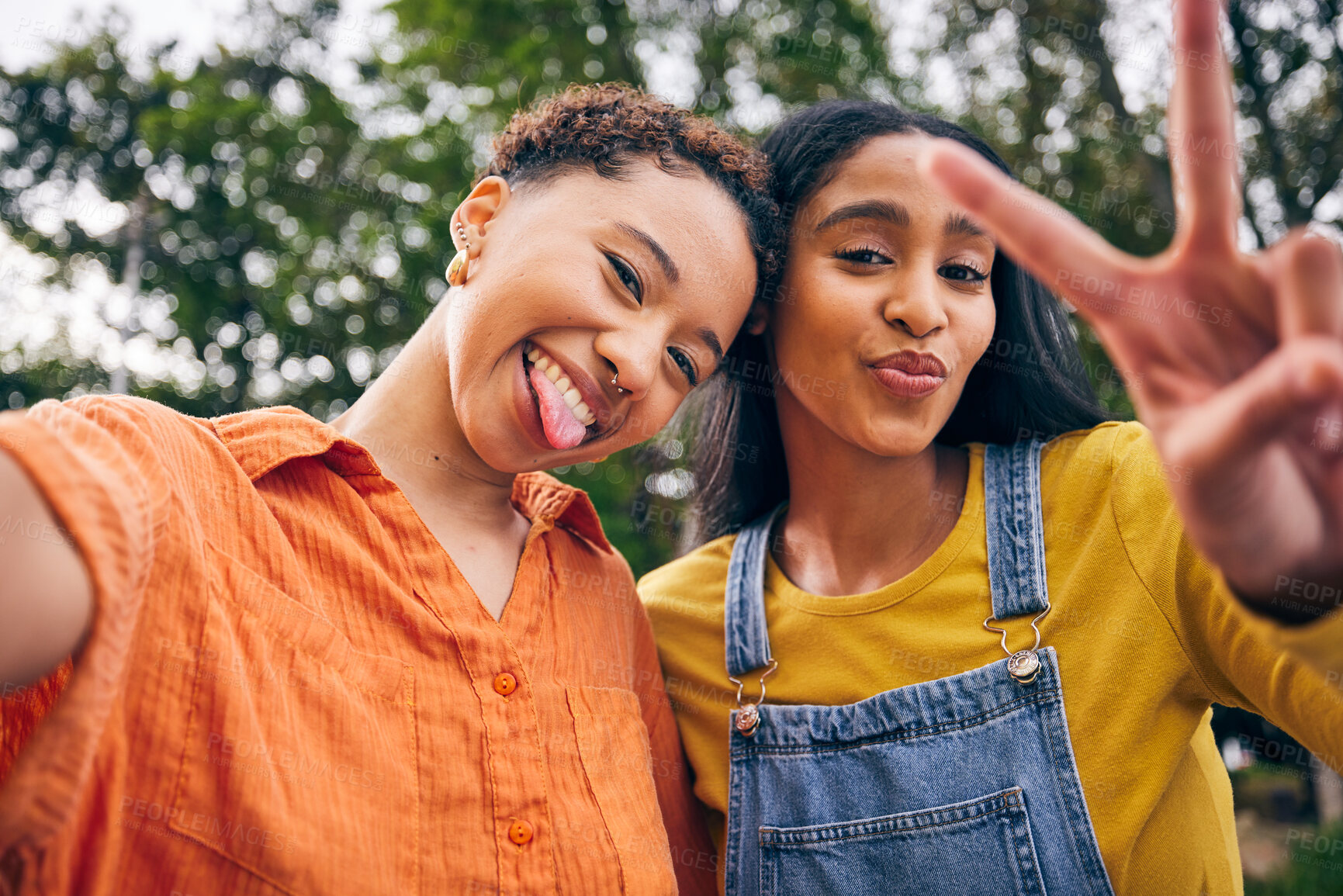 Buy stock photo Selfie, peace sign and portrait of women in park for social media, online post and profile picture. Friendship, nature and female people with hand sign for photo for fun, holiday and relax outdoors