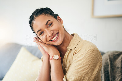 Buy stock photo Portrait, smile and woman on home sofa to relax in living room apartment. Face, happy and person or girl on couch in lounge in Brazil, positive or cheerful, confident or peace in house in the morning