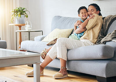 Buy stock photo Living room hug, relax or happy mom, child and smile for family relationship, Mothers Day affection or care. Lounge couch, embrace and excited mama, mum or woman bonding with kid in home quality time