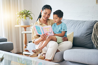 Buy stock photo Book, reading and mother with kid on sofa for storytelling in living room of happy home, teaching and bonding fun. Love, learning and mom with child, fantasy story on couch and quality time together.