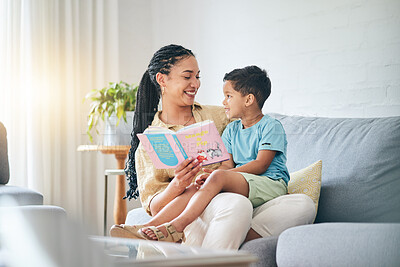 Buy stock photo Book, love and mother with kid on sofa for storytelling in living room of happy home, teaching and bonding fun. Reading, learning and mom with child, fantasy story on couch and quality time together.