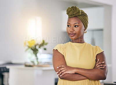 Buy stock photo Thinking, relax and a black woman with arms crossed in a house for a vision, idea or planning. Calm, home and an African girl or person with confidence and motivation in a living room of an apartment