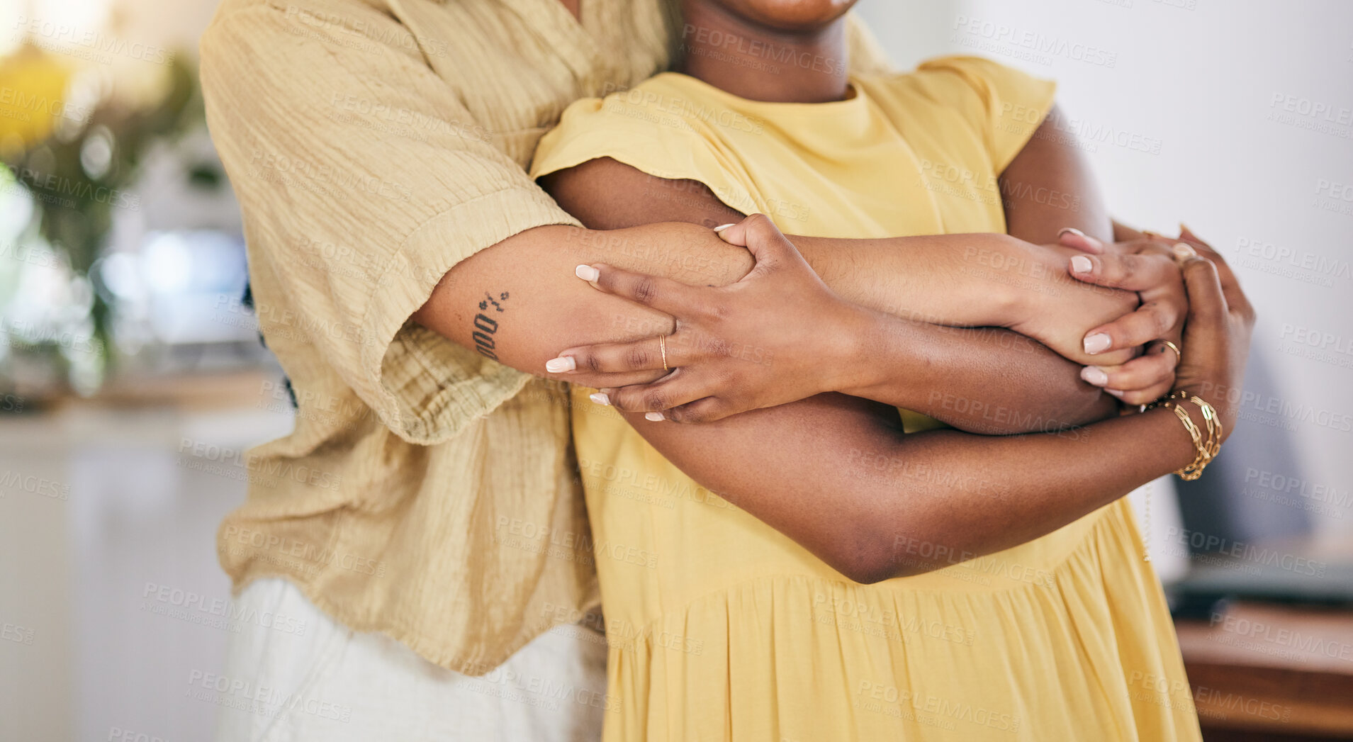 Buy stock photo Love, hug and hands of lesbian couple in their home with care, trust and acceptance while bonding. lgbt, women and partners embrace in their house with romance, security and queer, commitment or gay