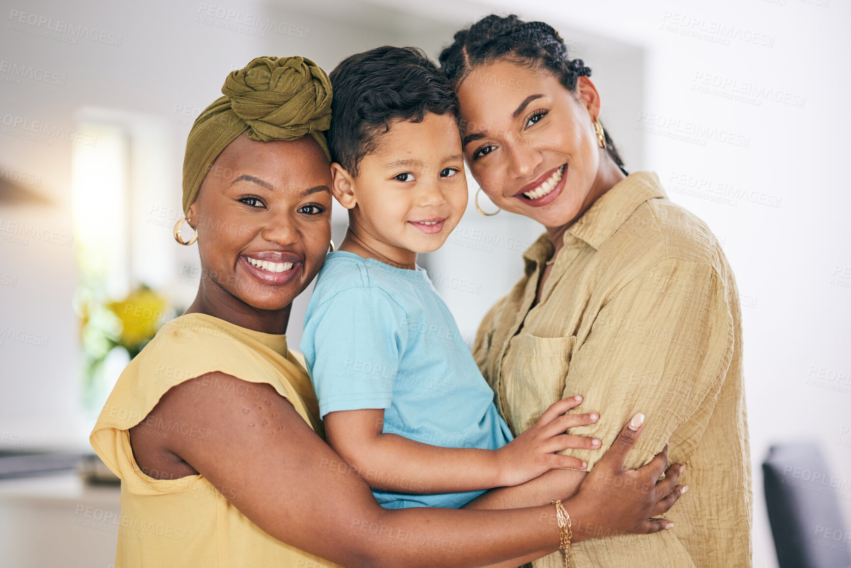 Buy stock photo LGBT, child hug or portrait of happy family, non binary mama or transgender mom bonding, smile and care for young son. Lesbian love, home and face of gay people, mothers or women embrace adoption kid