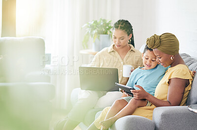 Buy stock photo Reading kid, tablet and family home, mom and bisexual people search social media, studying e learning and ebook story. LGBTQ, online knowledge app or relax non binary woman teaching child on sofa
