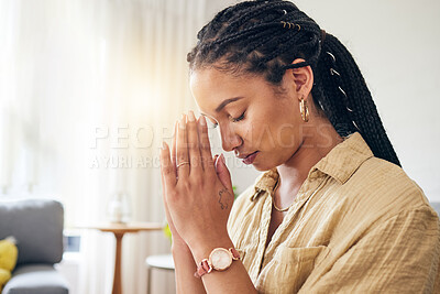 Buy stock photo God, worship and woman praying in her living room for hope, help or spiritual guidance in her home. Hands, pray and Christian female in prayer for blessing, grace and gratitude to Jesus Christ