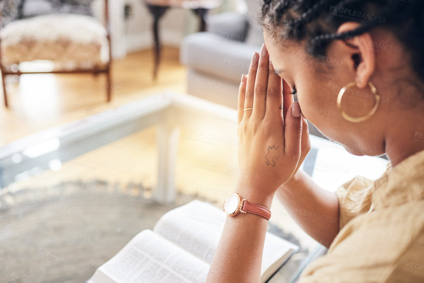 Buy stock photo Worship, bible and woman in living room praying, thank you and praise, mercy and blessing at home. Hands, pray and Christian lady in prayer to God, humble or scripture, guide or forgiveness in house
