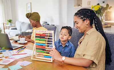 Buy stock photo Child, homework help and math with mom in home with counting on abacus for development growth. Young boy, student and school work for education and learning at a house with mother teaching for study