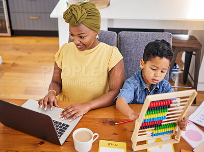Buy stock photo Remote work, mother and child with math at a table for education, learning and an email. Diversity, family and an African mom with a kid, homework and a laptop for business on the internet from home
