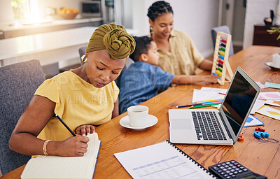 Buy stock photo Remote work, lesbian couple and black woman with kid in home for learning math. African freelancer, taking notes and child with mothers for studying, adoption or interracial education with gay family