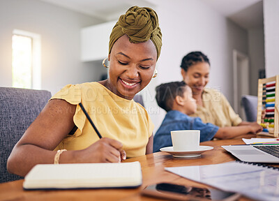 Buy stock photo Remote work, black woman writing and child in home with happy babysitter for learning math. African freelancer, taking notes and kid with mother for education, adoption or interracial study with book