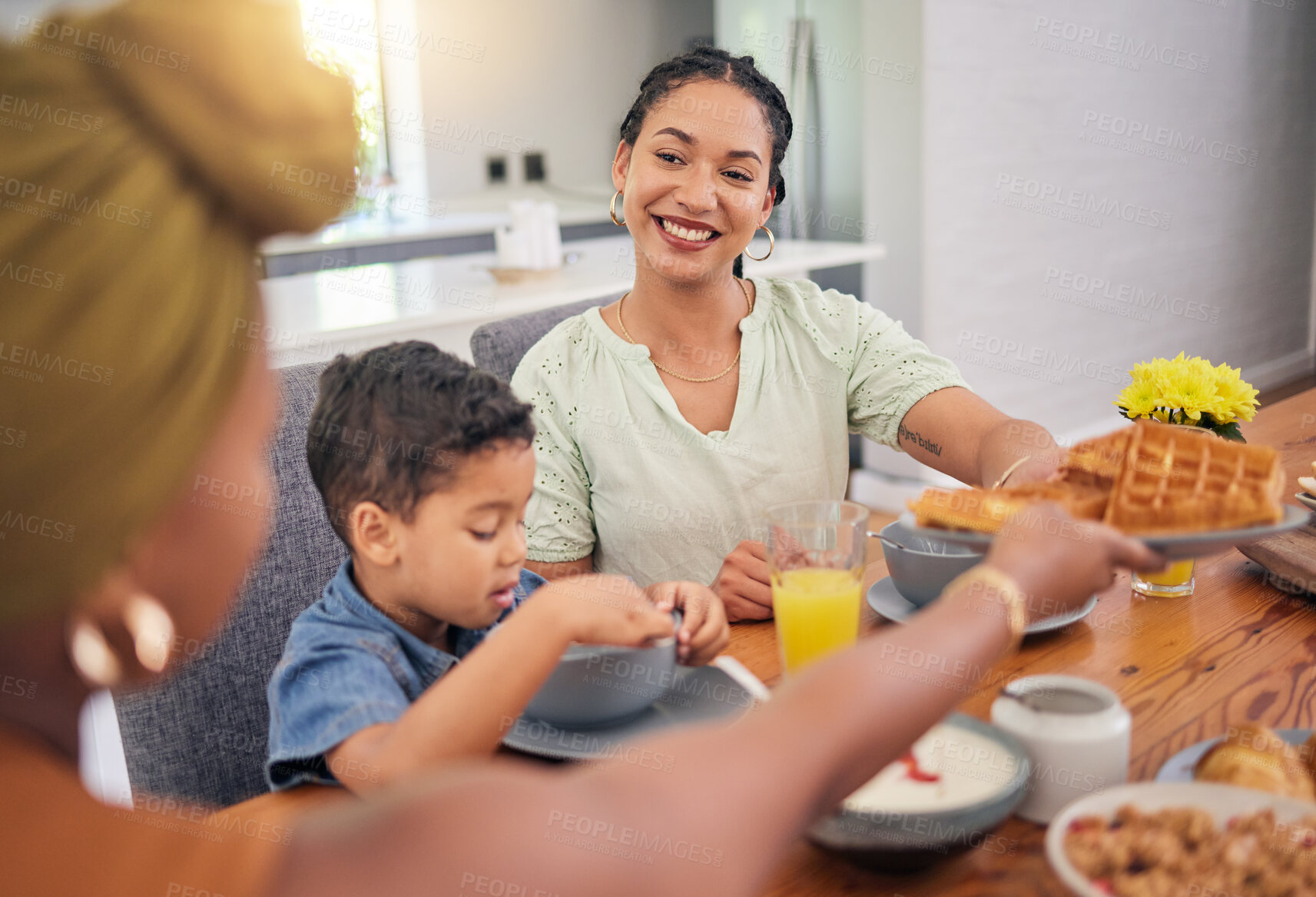 Buy stock photo Happiness, breakfast food and family eating meal, waffles or enjoy morning time together, home lunch or brunch in dining room. Love, people care and relax hungry people, kids and parents giving snack