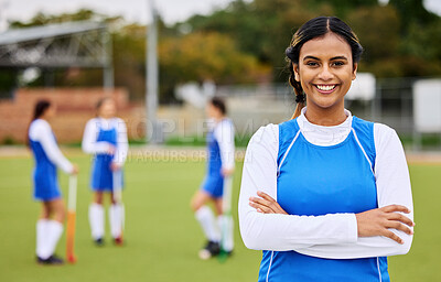 Buy stock photo Field hockey woman, portrait and smile for sports, leadership and team at training for competition. Girl, athlete and outdoor with pride for fitness, workout or exercise with happy for development
