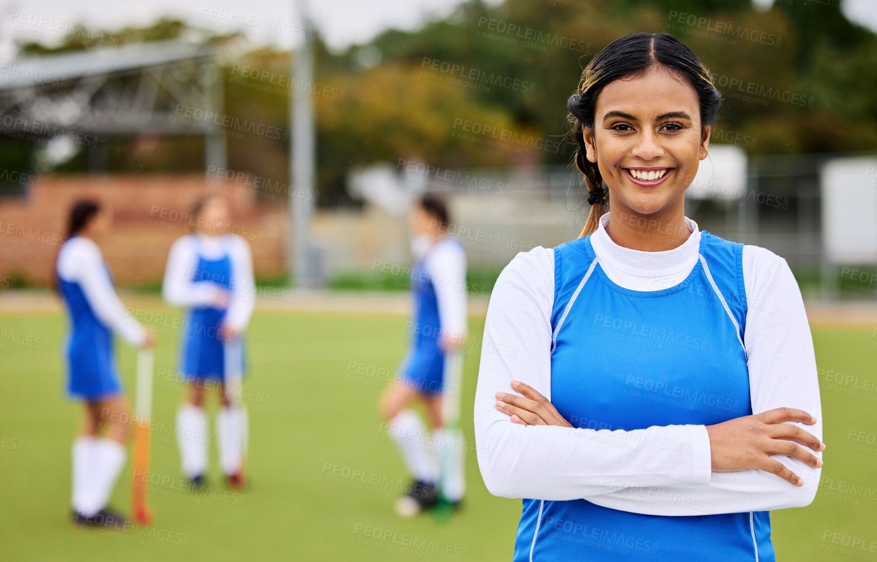 Buy stock photo Field hockey woman, portrait and smile for sports, leadership and team at training for competition. Girl, athlete and outdoor with pride for fitness, workout or exercise with happy for development
