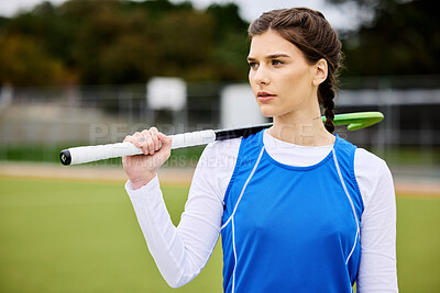 Buy stock photo Field hockey woman, thinking and sport with vision, ideas and goals for career, competition and stick for game. Girl, athlete and outdoor for training, workout or exercise with strategy for contest