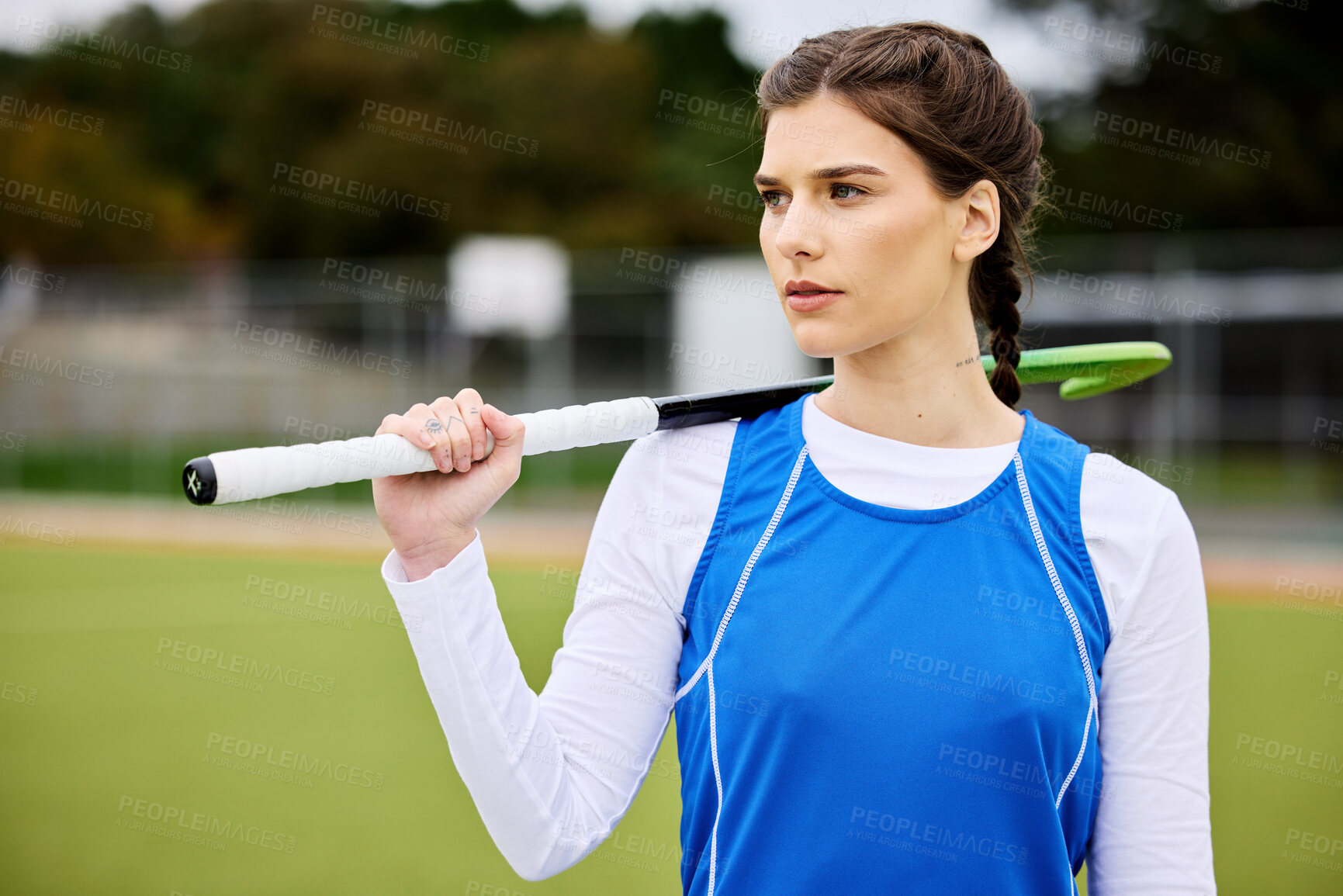 Buy stock photo Field hockey woman, thinking and sport with vision, ideas and goals for career, competition and stick for game. Girl, athlete and outdoor for training, workout or exercise with strategy for contest