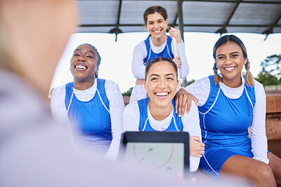 Buy stock photo Tablet strategy, netball team and exercise women with coach for fitness, challenge and match play. Happy, smile and student athlete group planning with training, teamwork and motivation for game plan