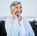 Happy senior woman, phone call and laughing for funny joke, conversation or meme on sofa at home. Elderly female person laugh and smile for fun discussion on mobile smartphone for comedy in house