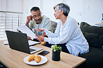 Senior couple, documents and discussion for mortgage application, finance review and home for planning. Elderly woman, man and paperwork for property, thinking or brainstorming for funding at desk