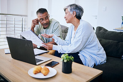 Buy stock photo Senior couple, documents and discussion for mortgage application, finance review and home for planning. Elderly woman, man and paperwork for property, thinking or brainstorming for funding at desk