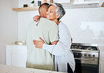 Senior couple, new home and hug with key, smile and start life together with property investment for retirement. Happy elderly woman, man and embrace for real estate, house or apartment with goal