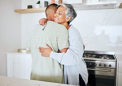 Buy stock photo Senior couple, new home and hug with key, smile and start life together with property investment for retirement. Happy elderly woman, man and embrace for real estate, house or apartment with goal