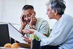 Senior couple, documents and stress for mortgage application, financial review or home for planning budget. Elderly woman, man and paperwork for property, question and thinking for funding at desk