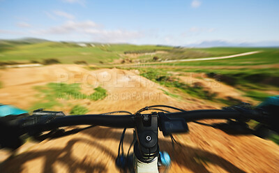 Buy stock photo Cycling, sports and person with bars on bicycle for adrenaline on adventure, freedom and speed. Mountain bike, fast blur and cyclist for training, exercise and fitness on dirt road, trail or track