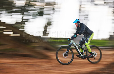 Buy stock photo Bike, man and speed with motion blur in forest for sport, race or adventure in summer, woods or nature. Extreme fast cycling, person and action on trail, workout or challenge for fitness with freedom