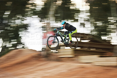 Buy stock photo Cycling, sports and person with blur on bicycle for adrenaline on adventure, freedom and speed. Mountain bike action, fast and cyclist for training, exercise and fitness on dirt road, trail and track
