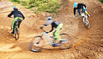 Cycling, action and blur of man on bicycle for adrenaline on adventure, freedom and ride for speed. Mountain bike, sports and cyclist for training, exercise and fitness on dirt road, trail and track
