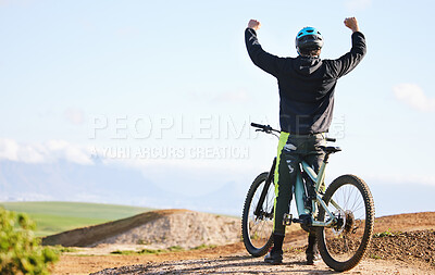 Buy stock photo Cycling, sports and man celebrate on bicycle for winning on adventure, freedom and success. Mountain bike, nature and cyclist cheer for training, exercise and fitness on dirt road, trail or track