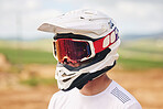 Sports, motorcycle and man with helmet in the countryside for fitness, practice or speed training. Motorbike, safety and male driver with head gear, protection and neon glasses for off road adventure