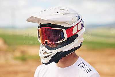 Buy stock photo Sports, motorcycle and man with helmet in the countryside for fitness, practice or speed training. Motorbike, safety and male driver with head gear, protection and neon glasses for off road adventure