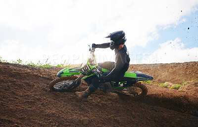 Buy stock photo Sports, stop and man on motorcycle with freedom, energy and power stunt in the countryside for training challenge. Off road, brake and male driver with motorbike for speed, performance or Moto action