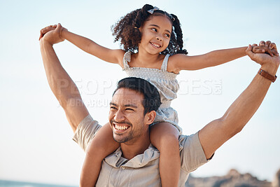 Airplane, smile and father with girl at beach for travel, freedom or family vacation on blue sky background. Flying, love and excited parent with kid at sea for piggyback, games or traveling in Miami