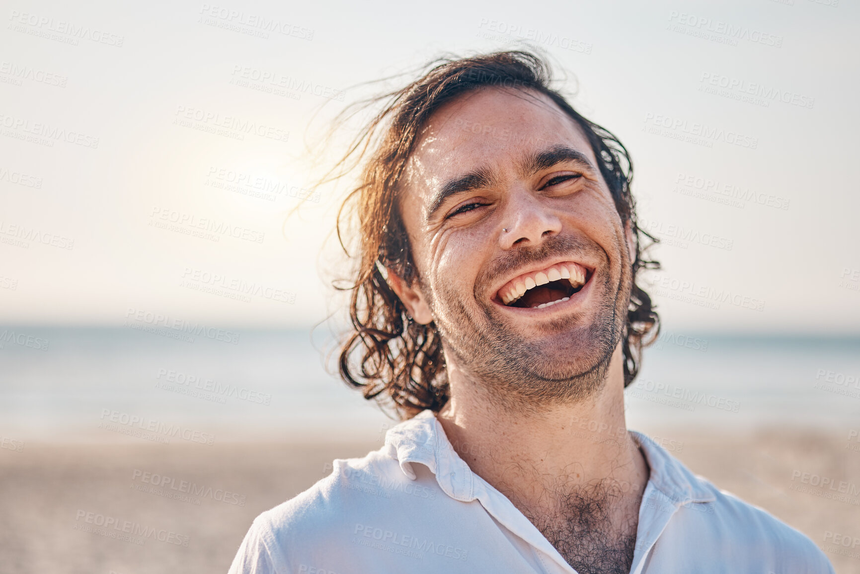Buy stock photo Funny, portrait and man with a smile, outdoor and vacation with summer trip, humor and relax. Face, male person and guy with happiness, in Canada relax and seaside holiday with wellness and laughing
