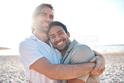 Buy stock photo Love, happiness and gay couple on beach, hug and laugh on summer vacation together in Thailand. Sunshine, ocean and smile, lgbt couple embrace in nature for fun holiday with pride, sea and sand.