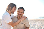 Love, smile and gay men on beach, hug and laugh on summer vacation together in Thailand. Sunshine, ocean and mockup, happy lgbt couple embrace in nature for on fun holiday with pride, sea and sand.