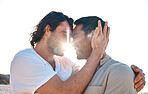 Love, embrace and sun, gay couple on beach, smile and fun on summer vacation together in Thailand. Sunshine, ocean and island, happy lgbt men hug in nature for on holiday with pride, sea and care.
