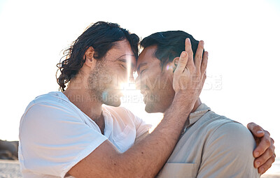 Buy stock photo Love, embrace and sun, gay couple on beach, smile and fun on summer vacation together in Thailand. Sunshine, ocean and island, happy lgbt men hug in nature for on holiday with pride, sea and care.