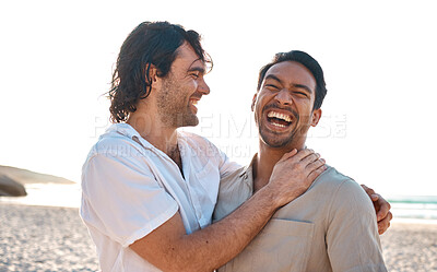 Buy stock photo Love, laughing and gay couple on beach, hug and smile on summer vacation together in Thailand. Sunshine, ocean and comic, happy lgbt men embrace in nature for funny holiday with pride, sea and sand.