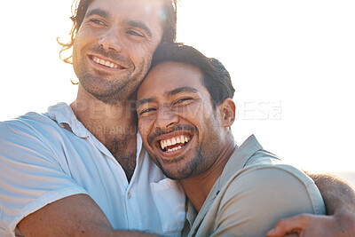 Buy stock photo Love, hug and gay couple, men with sky and smile on summer vacation together in Thailand. Sunset, ocean and romance, happy lgbt people embrace in nature on fun holiday with pride, laughing and fun.