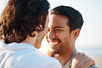 Love, smile and gay couple on beach, embrace and laugh on summer vacation together in Thailand. Sunshine, sea and relax, happy lgbt men hug in nature on fun holiday and pride, care and island romance
