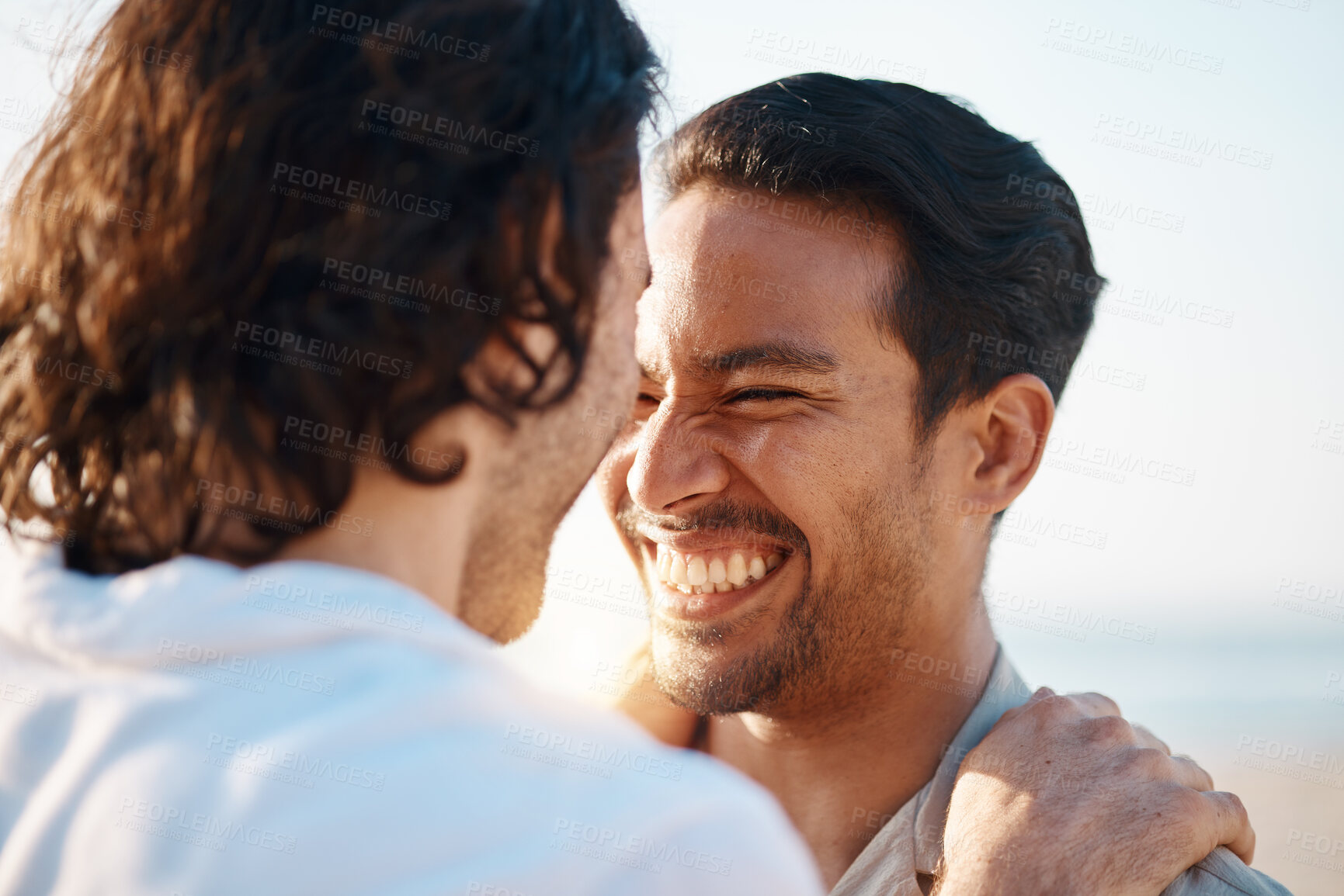 Buy stock photo Love, smile and gay couple on beach, embrace and laugh on summer vacation together in Thailand. Sunshine, sea and relax, happy lgbt men hug in nature on fun holiday and pride, care and island romance