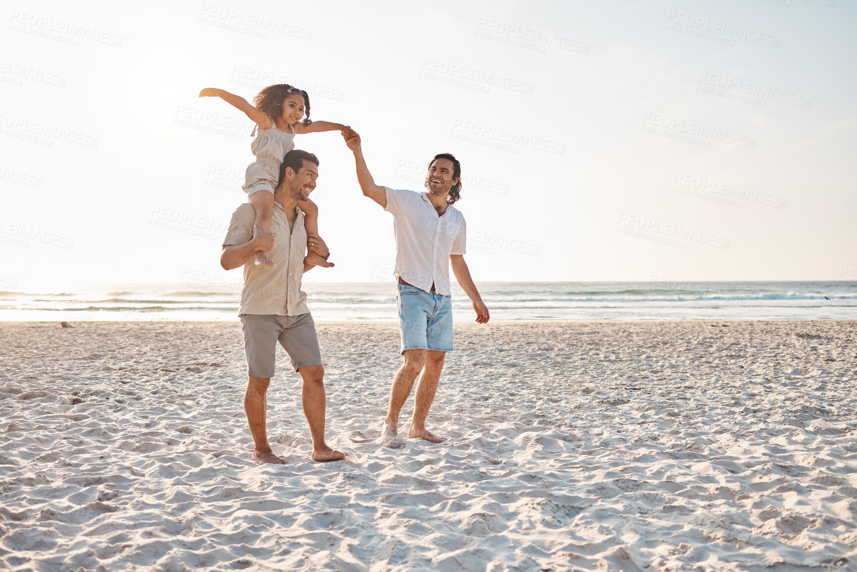Buy stock photo Gay couple, piggyback and holding hands with family at beach for seaside holiday, support and travel mockup. Summer, vacation and love with men and child in nature for lgbtq, happy and walking