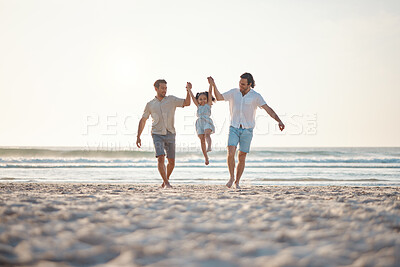 Buy stock photo Gay couple, playing and holding hands with family at beach for seaside holiday, support and travel. Summer, vacation and love with men and child in nature for lgbtq, happiness and bonding together